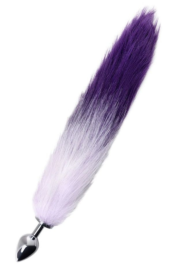 Серебристая металлическая анальная втулка с фиолетово-белым хвостом - размер M купить в секс шопе