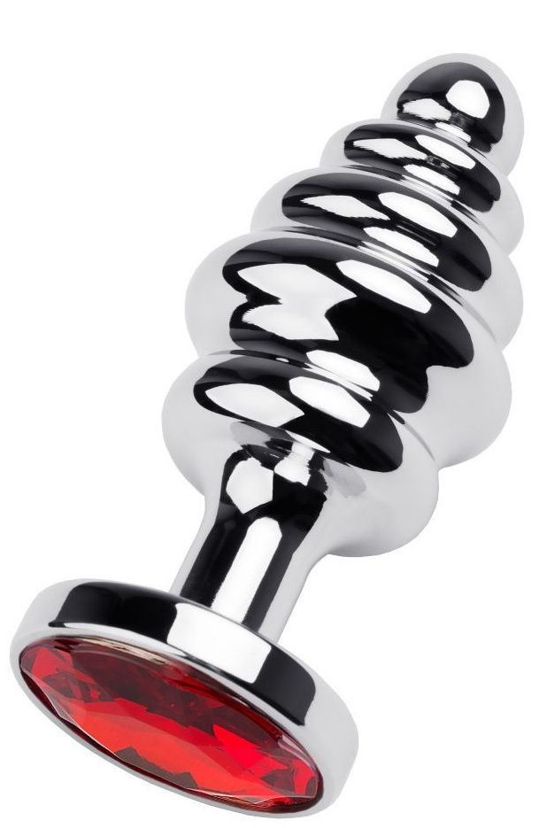 Серебристая анальная пробка-елочка с красным кристаллом - 7,2 см.  купить в секс шопе