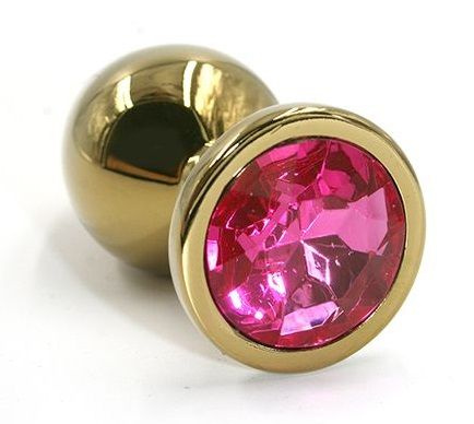Золотистая алюминиевая анальная пробка с розовым кристаллом - 8,4 см. купить в секс шопе