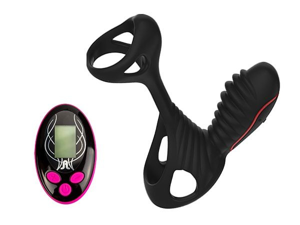 Чёрная насадка на фаллос Gladiator + LRS  с трехкнопочным пультом управления купить в секс шопе