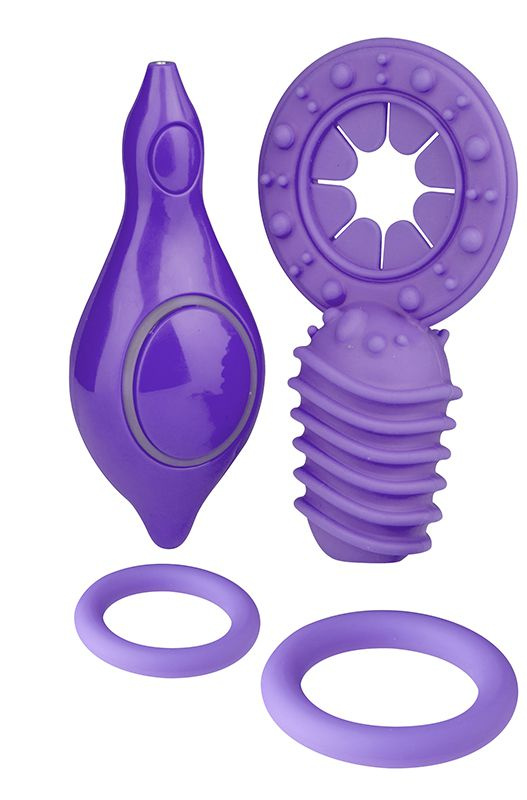 Комплект из 3 фиолетовых эрекционных колец и контроллера вибрации NEON PLEASURE STATION купить в секс шопе
