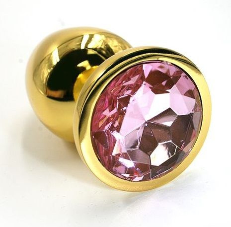 Золотистая алюминиевая анальная пробка с светло-розовым кристаллом - 7 см. купить в секс шопе