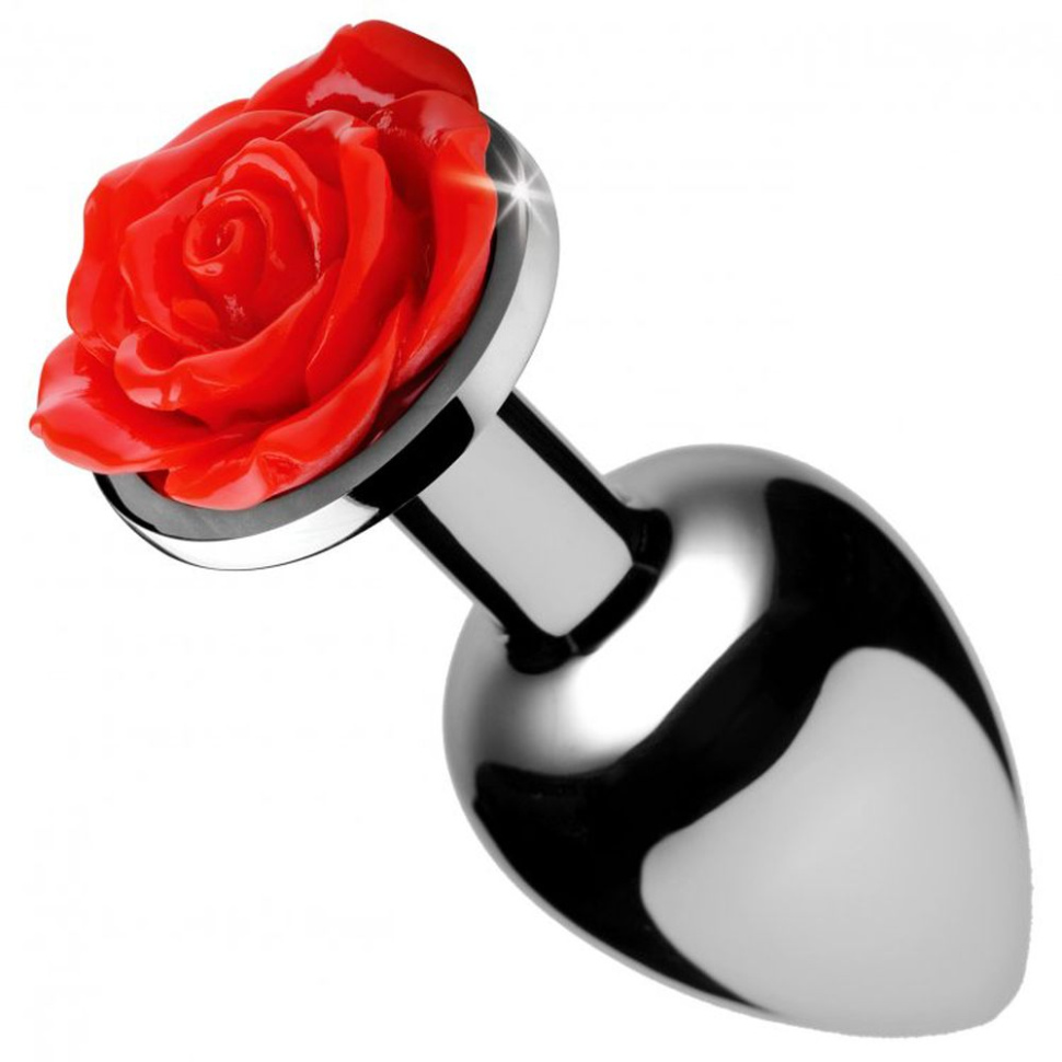 Серебристая анальная пробка с розой Red Rose Butt Plug - 8 см. купить в секс шопе