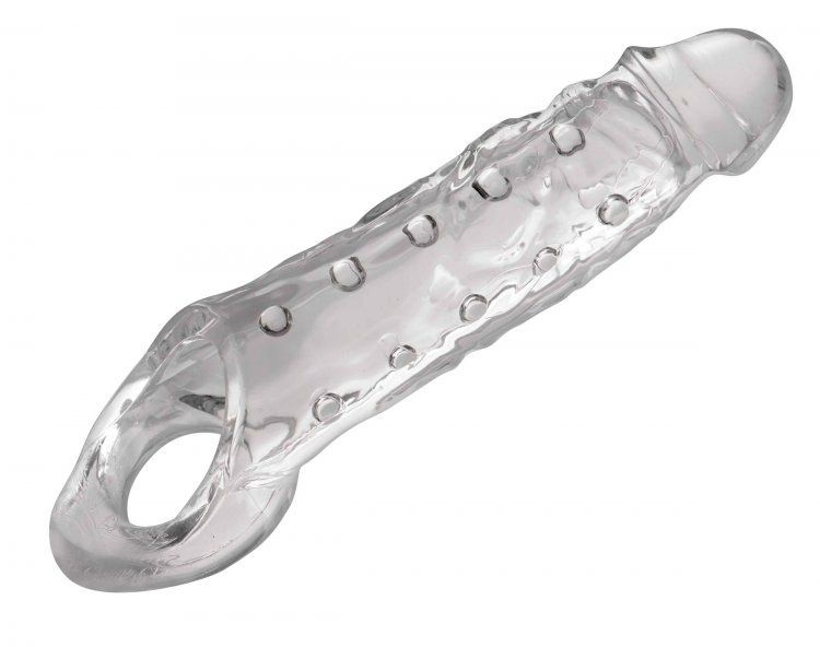Прозразная закрытая насадка на пенис с поддержкой мошонки Clearly Ample Penis Enhancer - 22 см. купить в секс шопе