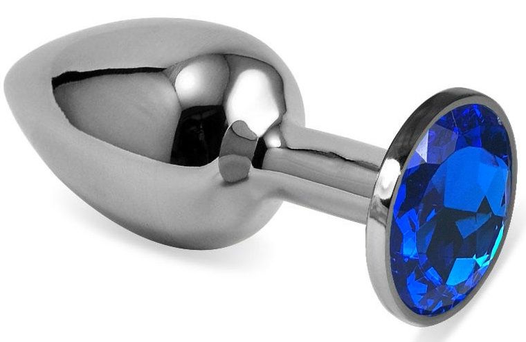 Серебристая анальная пробка с синим кристаллом - 7,5 см. купить в секс шопе