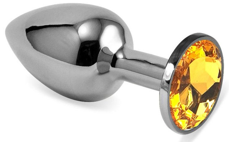 Серебристая гладкая анальная пробка с оранжевым кристаллом - 9 см. купить в секс шопе