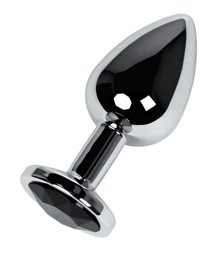 Большая серебристая коническая анальная пробка с черным кристаллом - 8,1 см. купить в секс шопе