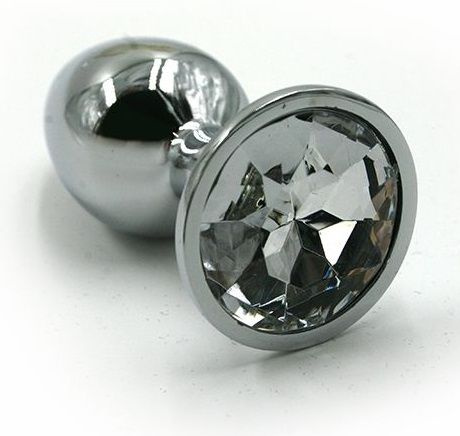 Серебристая алюминиевая анальная пробка с прозрачным кристаллом - 7 см. купить в секс шопе