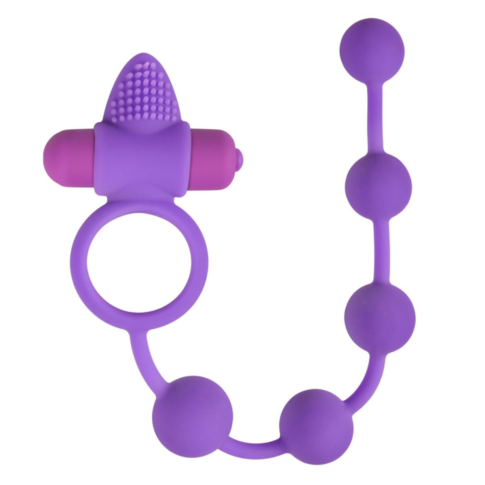 Фиолетовое эрекционное виброкольцо с анальной цепочкой Triple Pleasure купить в секс шопе