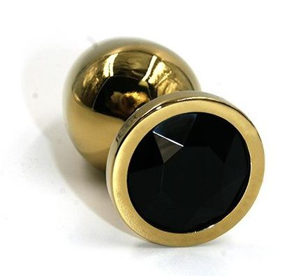 Золотистая алюминиевая анальная пробка с чёрным кристаллом - 6 см. купить в секс шопе