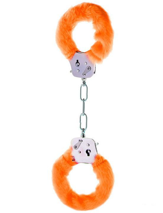 Металлические наручники с оранжевым мехом купить в секс шопе