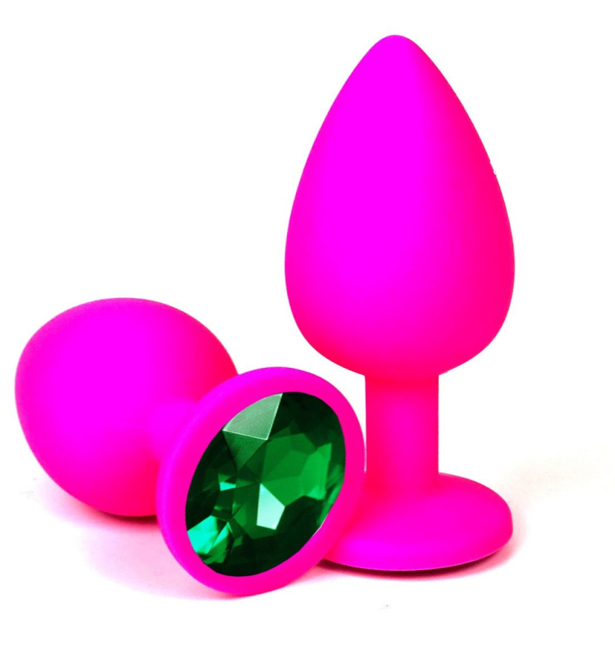 Розовая силиконовая пробка с зеленым кристаллом - 8,5 см. купить в секс шопе