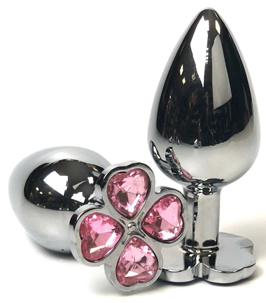 Серебристая анальная втулка с клевером из нежно-розовых кристаллов - 8 см. купить в секс шопе