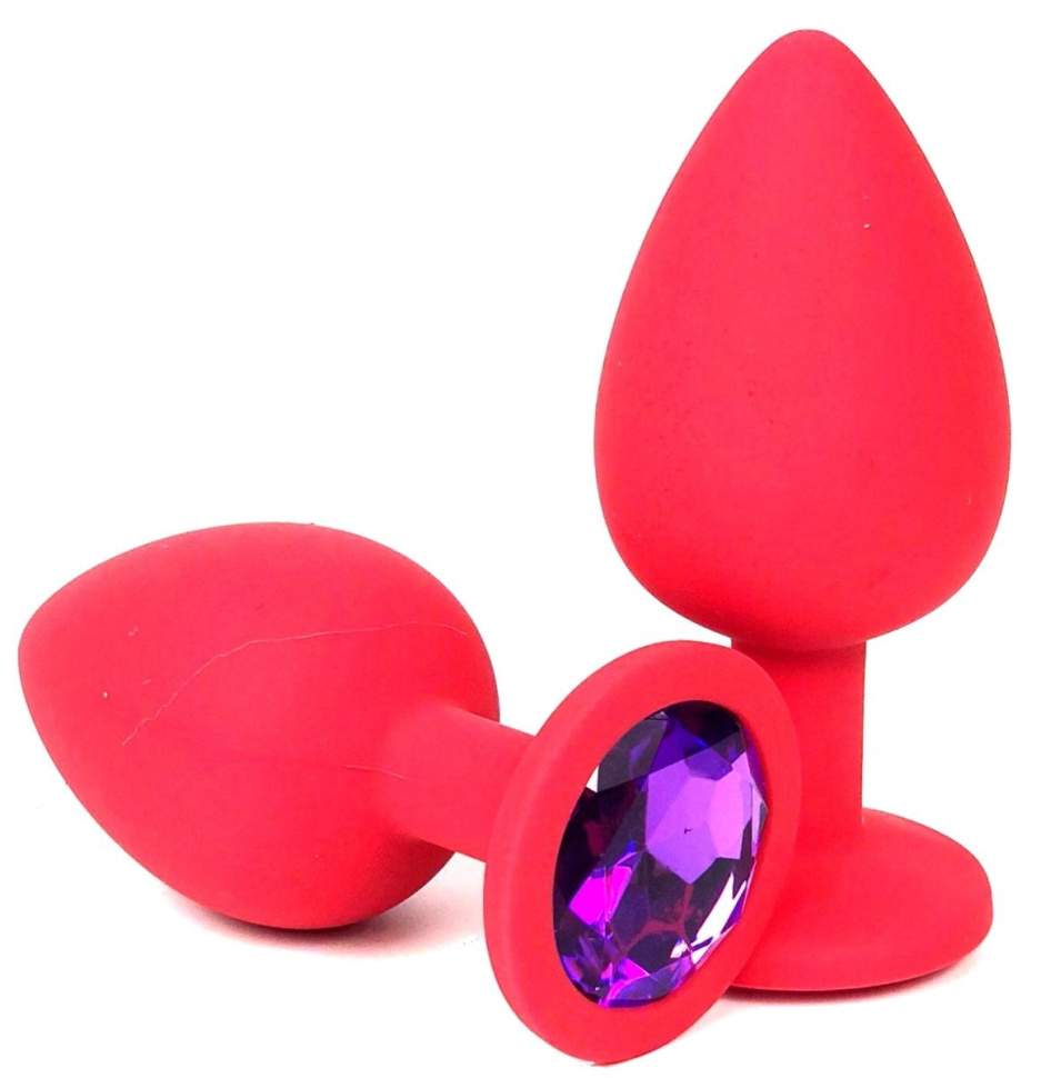 Красная силиконовая анальная пробка с фиолетовым стразом - 6,8 см. купить в секс шопе