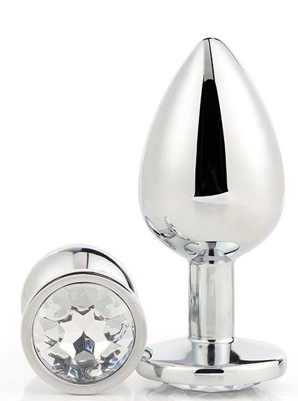 Серебристая анальная втулка с прозрачным кристаллом - 7,1 см. купить в секс шопе