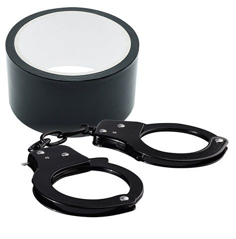 Набор для фиксации BONDX METAL CUFFS AND RIBBON: чёрные наручники из листового материала и липкая лента купить в секс шопе