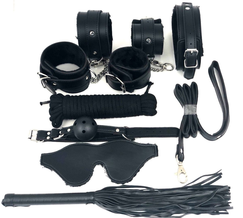 Набор БДСМ в черном цвете: наручники, поножи, кляп, ошейник с поводком, маска, веревка, плеть купить в секс шопе