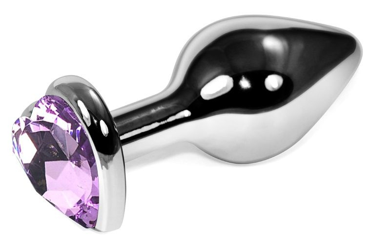 Серебристая анальная пробка с сиреневым кристаллом-сердечком - 6,8 см. купить в секс шопе