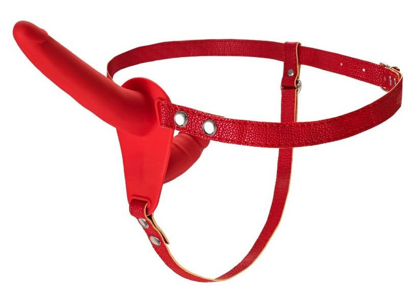 Красный страпон на ремнях с вагинальной пробкой - 15 см. купить в секс шопе