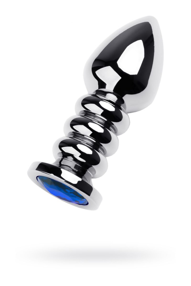 Серебристый анальный стимулятор с ребрышками и синим кристаллом - 10,5 см. купить в секс шопе