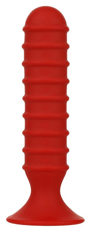 Красный силиконовый анальный стимулятор с рёбрышками MENZSTUFF RIBBED TORPEDO - 15 см. купить в секс шопе