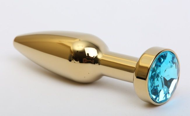 Золотистая анальная пробка с голубым кристаллом - 11,2 см. купить в секс шопе
