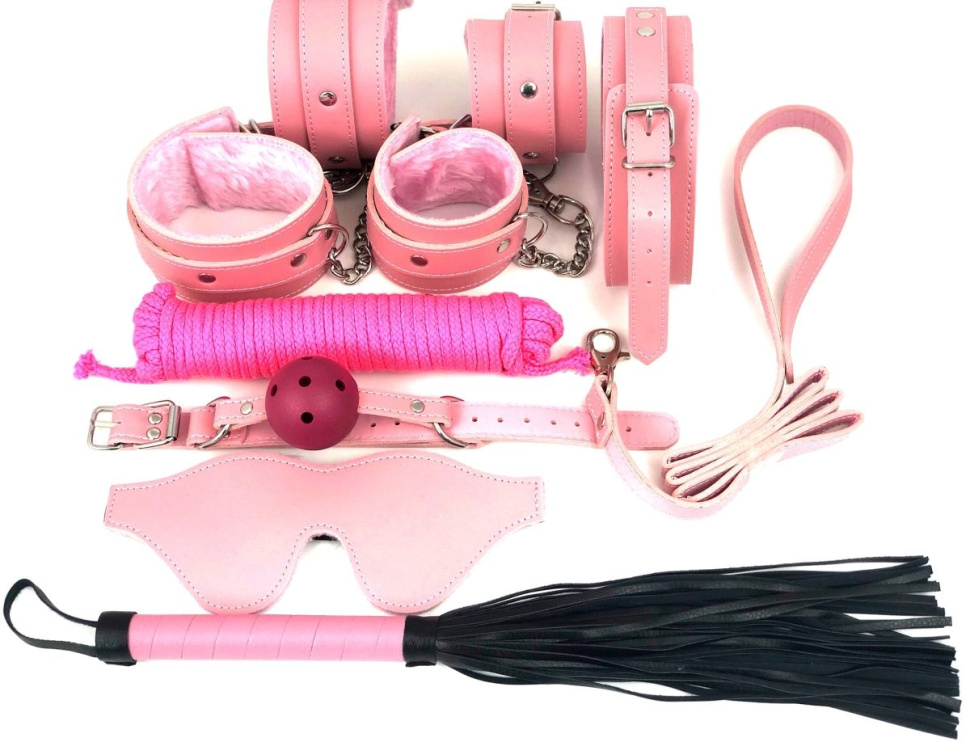 Набор БДСМ в розовом цвете: наручники, поножи, кляп, ошейник с поводком, маска, веревка, плеть купить в секс шопе