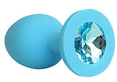 Голубая силиконовая анальная пробка с голубым кристаллом - 9,5 см. купить в секс шопе