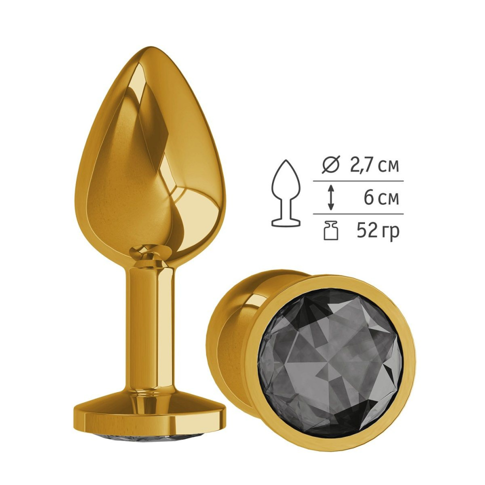 Золотистая анальная втулка с чёрным кристаллом - 7 см. купить в секс шопе
