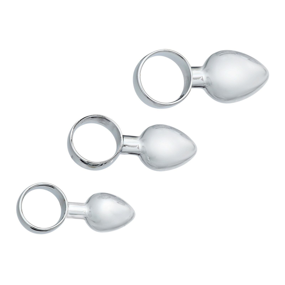 Набор из 3 серебристых анальных пробок с кольцом купить в секс шопе