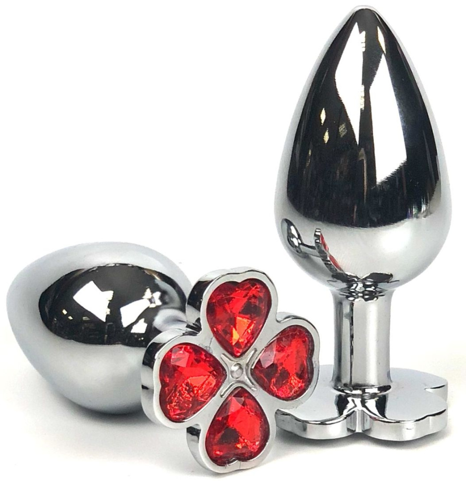 Серебристая анальная втулка с клевером из красных кристаллов - 8 см. купить в секс шопе