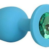 Голубая силиконовая анальная пробка с зеленым кристаллом - 9,5 см. купить в секс шопе