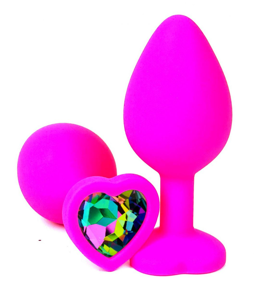 Розовая силиконовая пробка с разноцветным кристаллом-сердечком - 9,5 см. купить в секс шопе