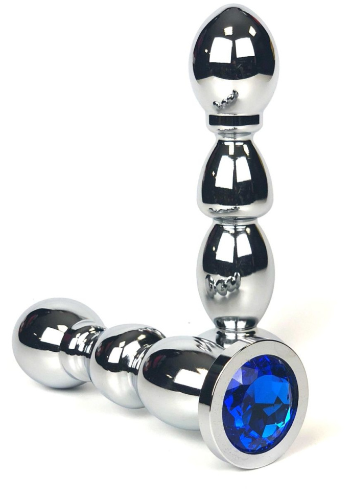 Серебристая закругленная анальная пробка-ёлочка с синим кристаллом - 13 см. купить в секс шопе