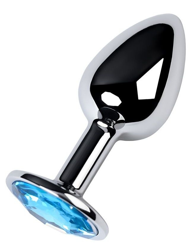 Серебристая конусовидная анальная пробка с голубым кристаллом - 7 см.  купить в секс шопе
