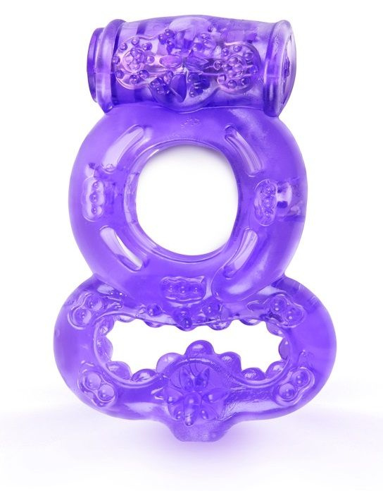 Фиолетовое эрекционное кольцо с вибрацией и подхватом мошонки купить в секс шопе