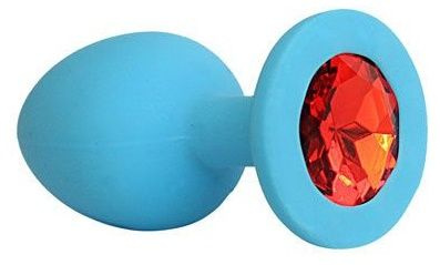 Голубая силиконовая анальная пробка с красным кристаллом - 9,5 см. купить в секс шопе