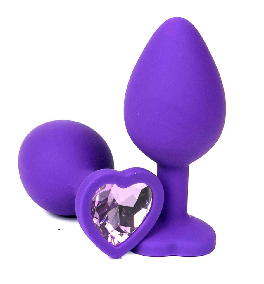 Фиолетовая силиконовая анальная пробка с сиреневым стразом-сердцем - 8 см. купить в секс шопе