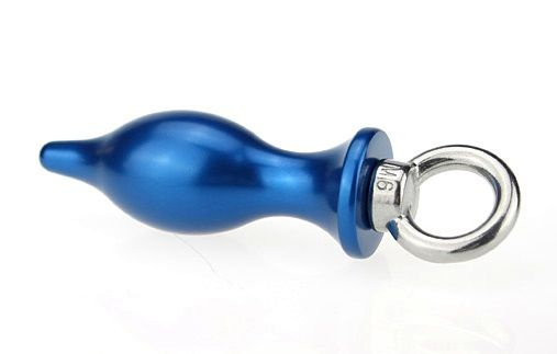 Синяя металлическая пробка с кольцом - 16 см. купить в секс шопе