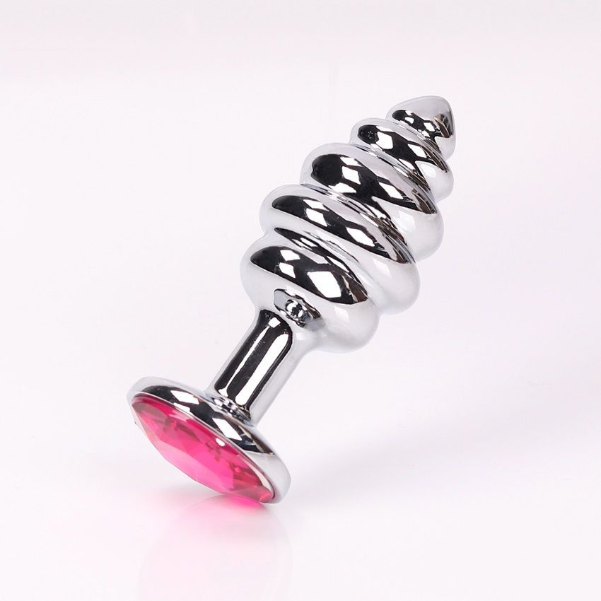 Серебристая рифленая пробка с розовым кристаллом - 9 см. купить в секс шопе