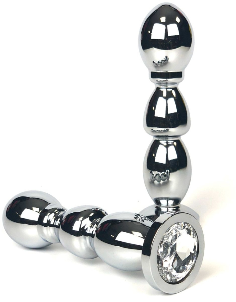 Серебристая закругленная анальная пробка-ёлочка с прозрачным кристаллом - 13 см. купить в секс шопе
