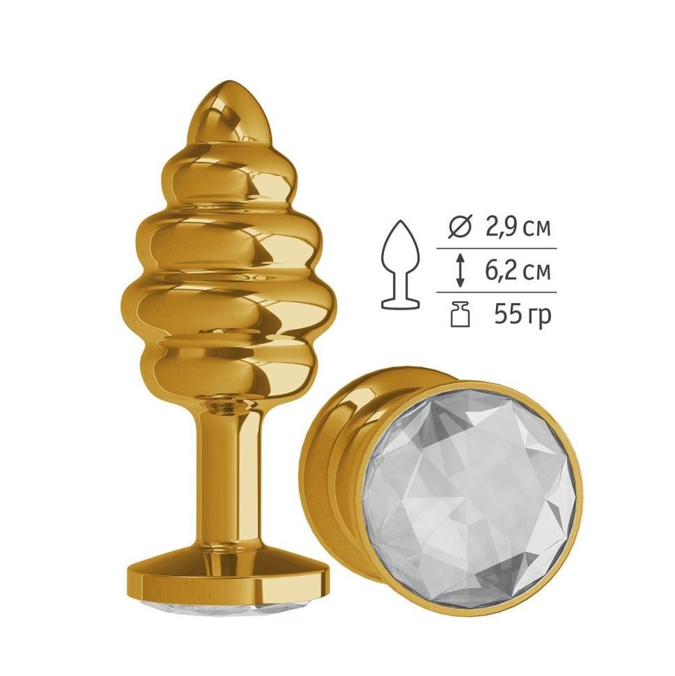 Золотистая пробка с рёбрышками и прозрачным кристаллом - 7 см. купить в секс шопе
