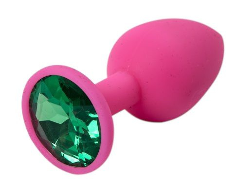 Розовая силиконовая пробка с зеленым кристаллом - 7,1 см. купить в секс шопе
