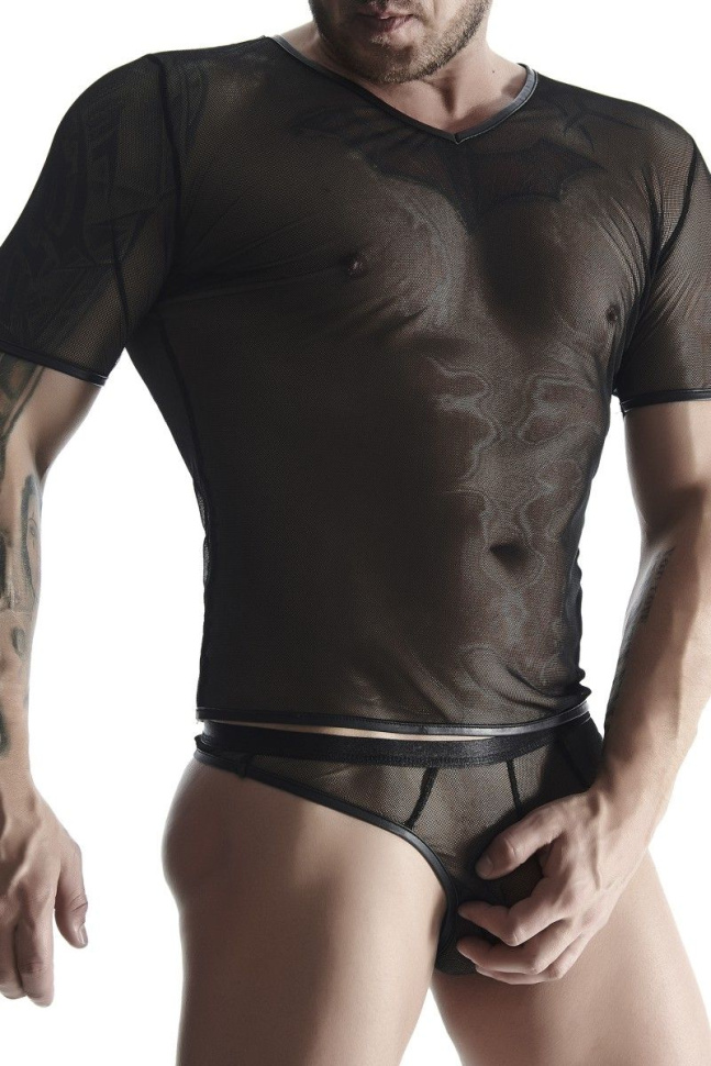 Мужская футболка из эластичной сетки с  V-образной горловиной купить в секс шопе