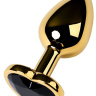 Золотистая коническая анальная пробка с черным кристаллом-сердечком - 7 см.  купить в секс шопе
