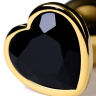 Золотистая коническая анальная пробка с черным кристаллом-сердечком - 7 см.  купить в секс шопе