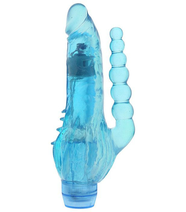 Голубой вибратор с анальным хвостом и шипами JELLY JOY CRYSTAL COX - 19 см. купить в секс шопе