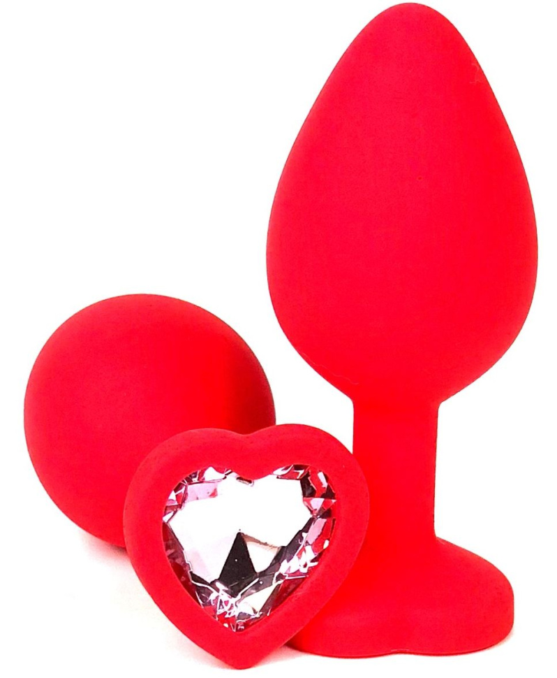 Красная силиконовая анальная пробка с нежно-розовым стразом-сердцем - 10,5 см. купить в секс шопе