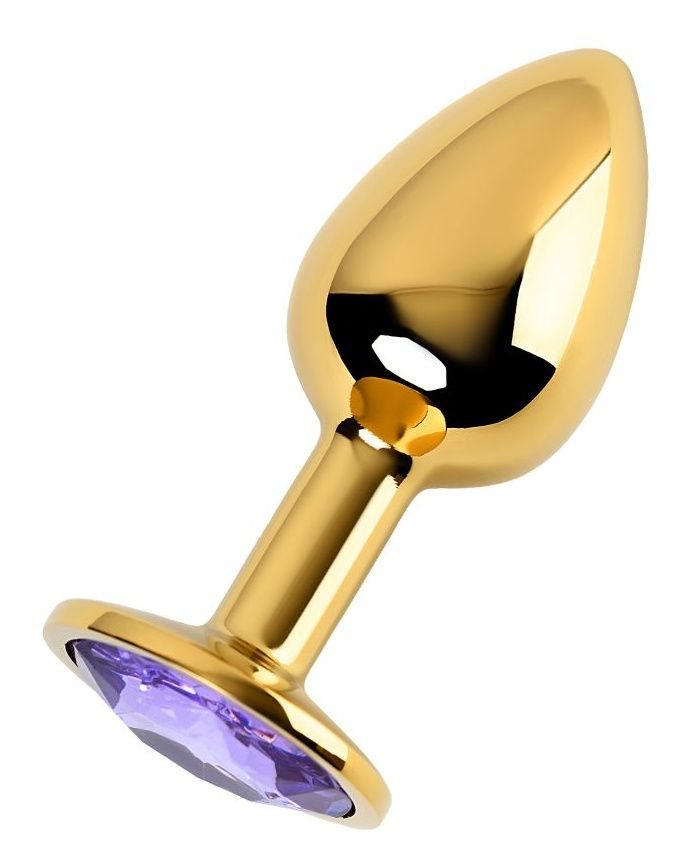 Золотистая коническая анальная пробка с фиолетовым кристаллом - 7 см. купить в секс шопе