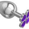 Серебристая анальная пробка-клевер с фиолетовым кристаллом - 9,5 см. купить в секс шопе